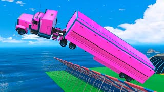 الشاحنات الملونة تقفز على منحدرات في الماء  🚛GTA 5 Caminhões Coloridos Pula em Rampas Para a água