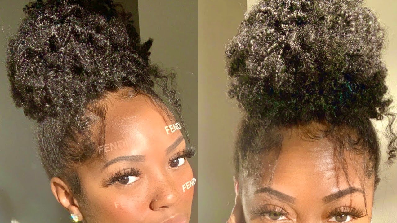 Natural curly high bun Tutorial using Outre drawstring ponytail