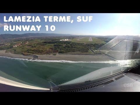 Lamezia Terme airport, Italy, SUF: Visual approach+landing Rwy 10. Airbus cockpit view. With ATC. 4k