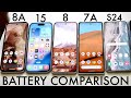 Google Pixel 8A Vs iPhone 15 Vs Samsung Galaxy S24 Vs Google Pixel 7A Vs Pixel 8 Battery Comparison