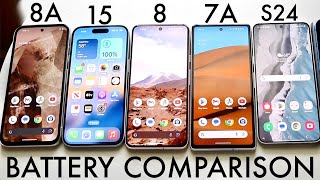 Google Pixel 8A Vs iPhone 15 Vs Samsung Galaxy S24 Vs Google Pixel 7A Vs Pixel 8 Battery Comparison