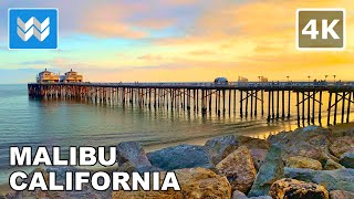 [4K] Malibu Beach Pier in California USA  2021 Sunset Walking Tour  Binaural Sound