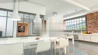 3D animation of a modern urban kitchen evolving from a wireframe