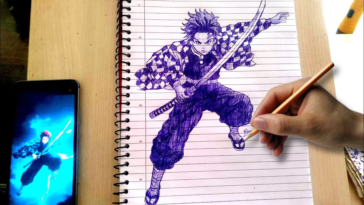 How to draw Tanjiro Kamado Ballpen Sketch | Demon Slayer Art