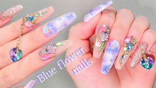 Blue flower nail art 💙 How to put pretty pictures easily 🙌 Nails at Home / Film Nails / asmr