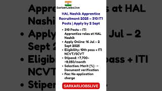 HAL Nashik Apprentice Recruitment 2025 – 310 ITI Posts | Apply by 2 Sept