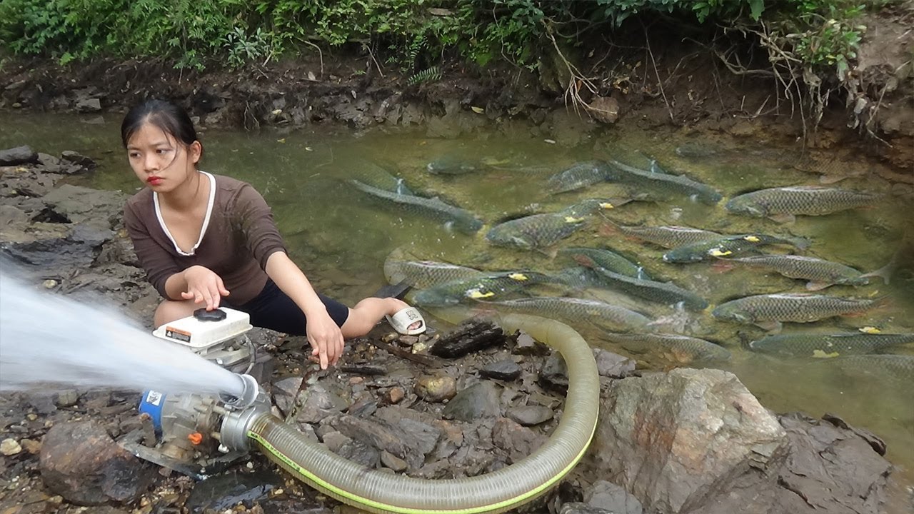 Amazing Fishing - The Girl cleverly use the pump to suck water in the ...