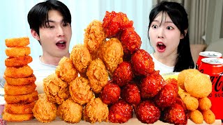ASMR MUKBANG| Fried Chicken and Seasoned chicken Tower. Fire noodles, Cheese ball, Onion rings.