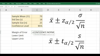 Confidence Interval for mean in Excel z & t (summary values) screenshot 5