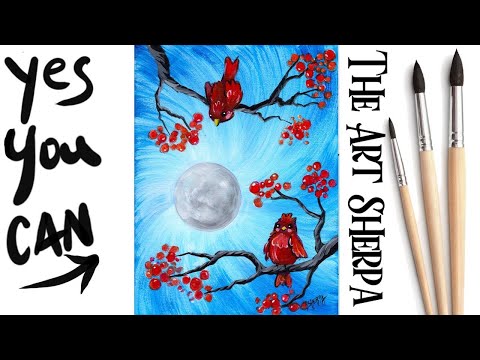 2 Red Cute Birds | Easy Acrylic Painting STEP BY STEP  #2 | Primary colors  | The Art Sherpa