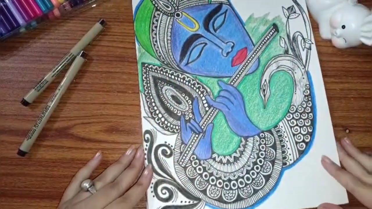 How to Draw a creative Shri Krishna drawing ✨| Step by Step Calm Art Process❤🦚