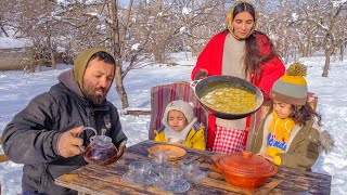 Breakfast in a Remote Azerbaijani Village on a Frosty and Snowy Winter Day.
