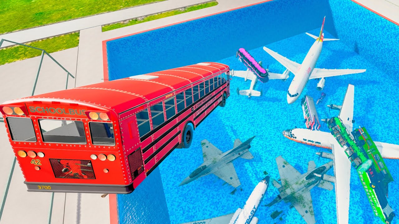 BeamNG Drive BMG – School Bus Down In Swimming Pools Crash Test with Realistic Damage