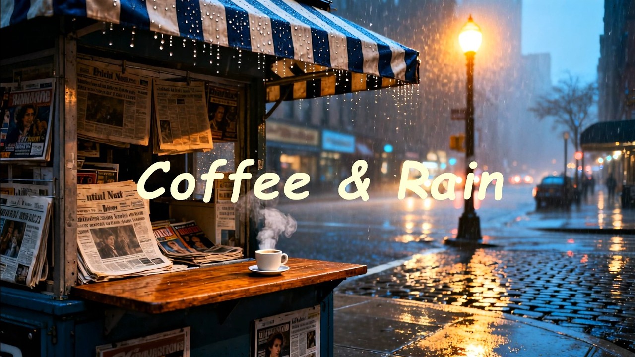 Тихий дождь на газетном киоске в Нью-Йорке | Уютный кофе и атмосфера ☕🌧 Нью-Йорка 1960-х
