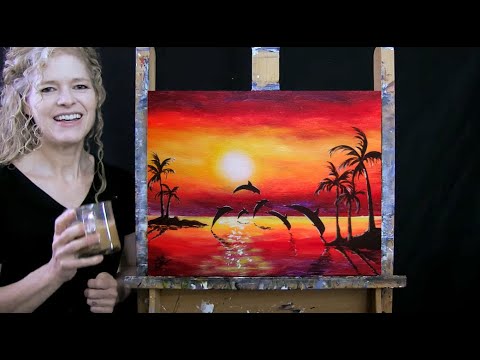 Learn How to Paint SUNSET DOLPHIN DIVE with Acrylic - Fun Paint & Sip - Step by Step Tutorial