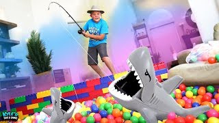 GIANT LEGO BALL PITS for Giant Lego Box Fort Pretend Fishing for FORTNITE Nerf Blasters!