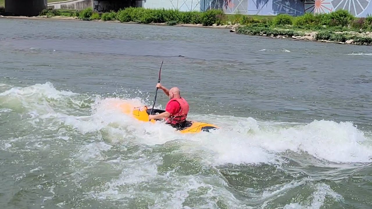 Kayaking downtown Dayton, Ohio. RiverScape RiverRun Whitewater Features
