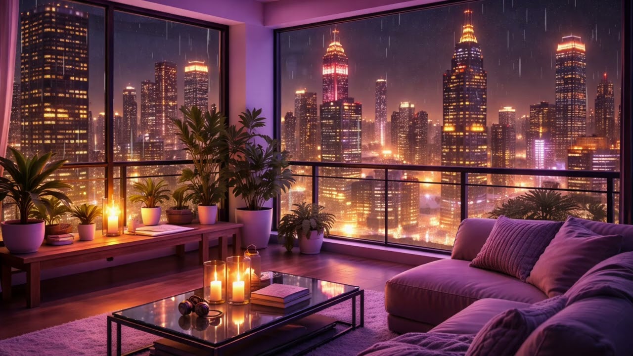 Rainy Neon Balcony Nights 🌧️ | Cozy Lofi Coffee ☕ Lofi Hip Hop Beats for Study & Relax