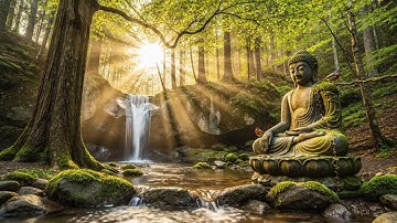 Peaceful Buddha Statue by Lotus Pond in Gentle Rain – Realistic Still Scene