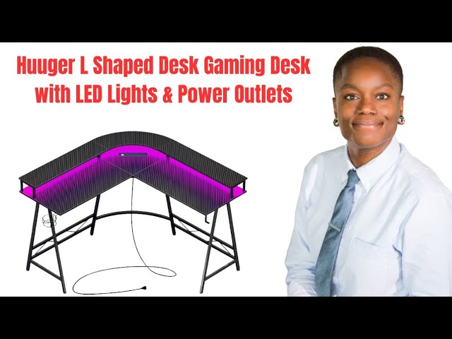 Huuger L Shaped Gaming Desk with Power Outlets, Led Lights