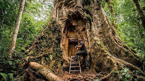 Build a Hidden Survival Shelter Inside a Giant Tree | Primitive Survival Skills