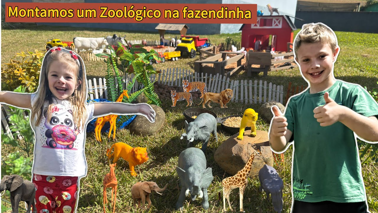 FAZENDINHA de BRINQUEDO do MATHEUS e ISABELA - MONTAMOS um ZOOLÓGICO na FAZENDINHA -GIRAFA- ELEFANTE