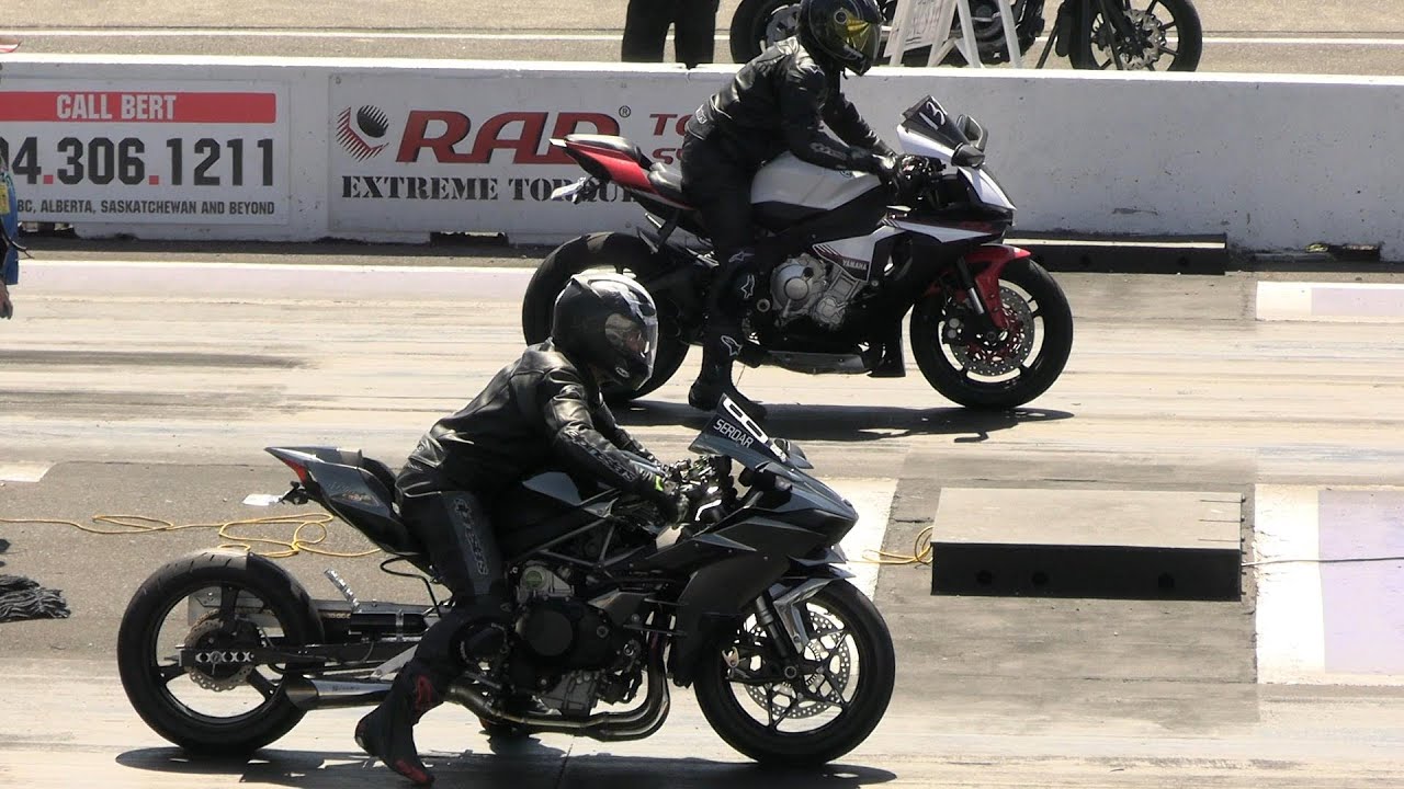 Kawasaki H2 vs R1 Yamaha   drag racing