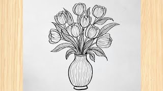How to draw flowers in a vase || Easy flower drawing tutorial