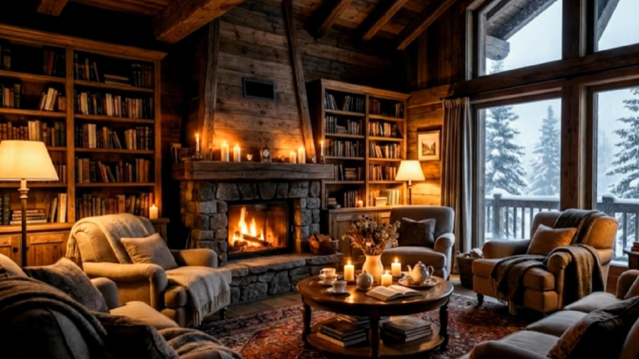 Cozy Winter Cabin Ambience with a Fireplace in Winter