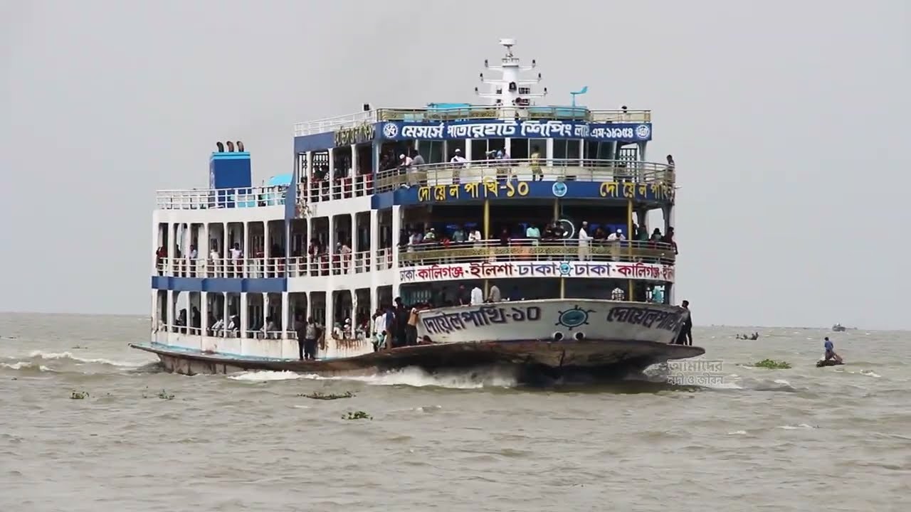 তীব্র গতিতে মেঘনা পার হয়ে ইলিশা ঘাটে এসে পৌঁছালো ঢাকা ইলিশা বিশাল লঞ্চ দোয়েল পাখি ১০