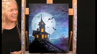 HALLOWEEN Learn How to Draw and Paint with Acrylics HAUNTED HOUSEArt tutorialPaint and Sip at Home