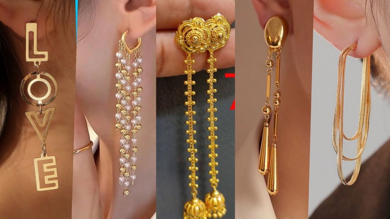 long gold hanging earring design with weight and price suidhaga