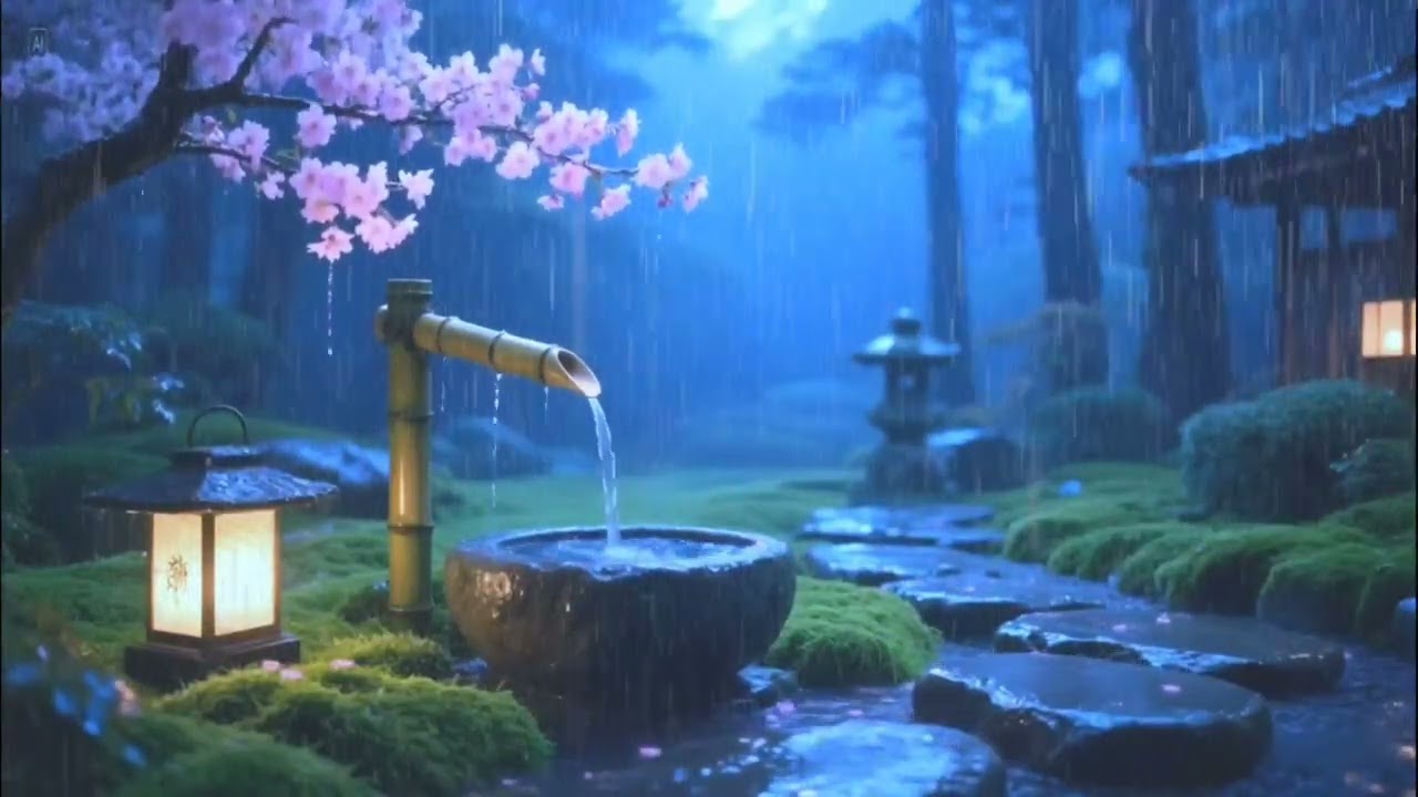 Serene Midnight Rain and Soft Piano in a Zen Garden | Deep Sleep Calm