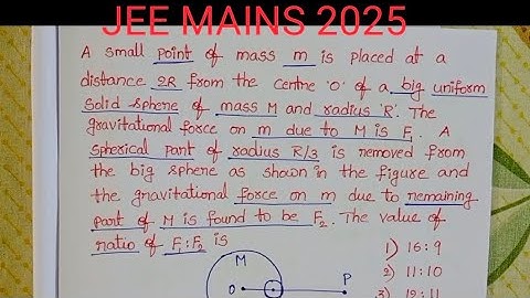 Een kleine puntmassa m wordt op een afstand 2R van het middelpunt van een grote uniforme vaste bo...