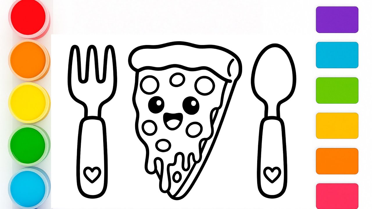 How to Draw and Color a Cute Pizza with Fork and Spoon | Easy Coloring for Kids