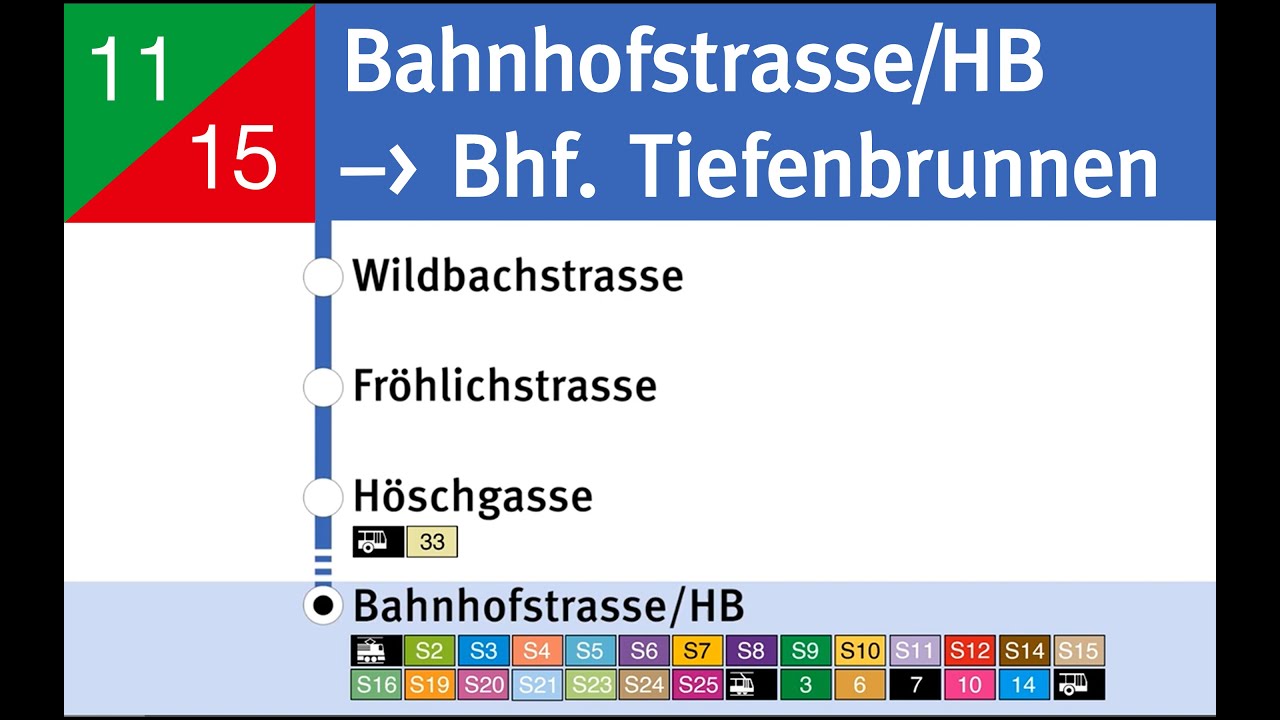 VBZ Ansagen » 11 Bahnhof Tiefenbrunnen — Bahnhofstrasse/HB → 15 Bahnhof Tiefenbrunnen | SLBahnen