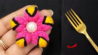 Beautiful Woolen Flower Making Trick using Fork - Embroidery Flower Making Trick - DIY Wool Crafts