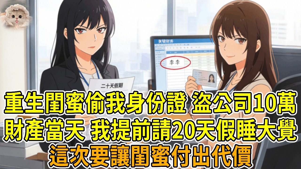 上一世，閨蜜偷我身份卡，盜取公司超十萬的財產，我當天被辭退、要求加倍賠償。爭執時我意外撞桌角喪命，她聯合男友謊稱我的死亡是意外，拿著我的錢逍遙快活。再睜眼，我重生了，直接去公司請了二十天假，這一世