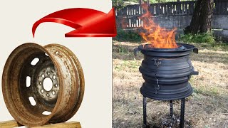 DIY Car Rim BBQ  Wood Stove made from Car Wheels!
