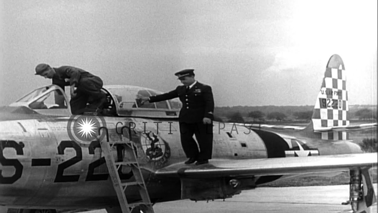 Sergeant Gormely explains the highlights of F-84 aircraft in Wiesbaden, Germany HD Stock Footage