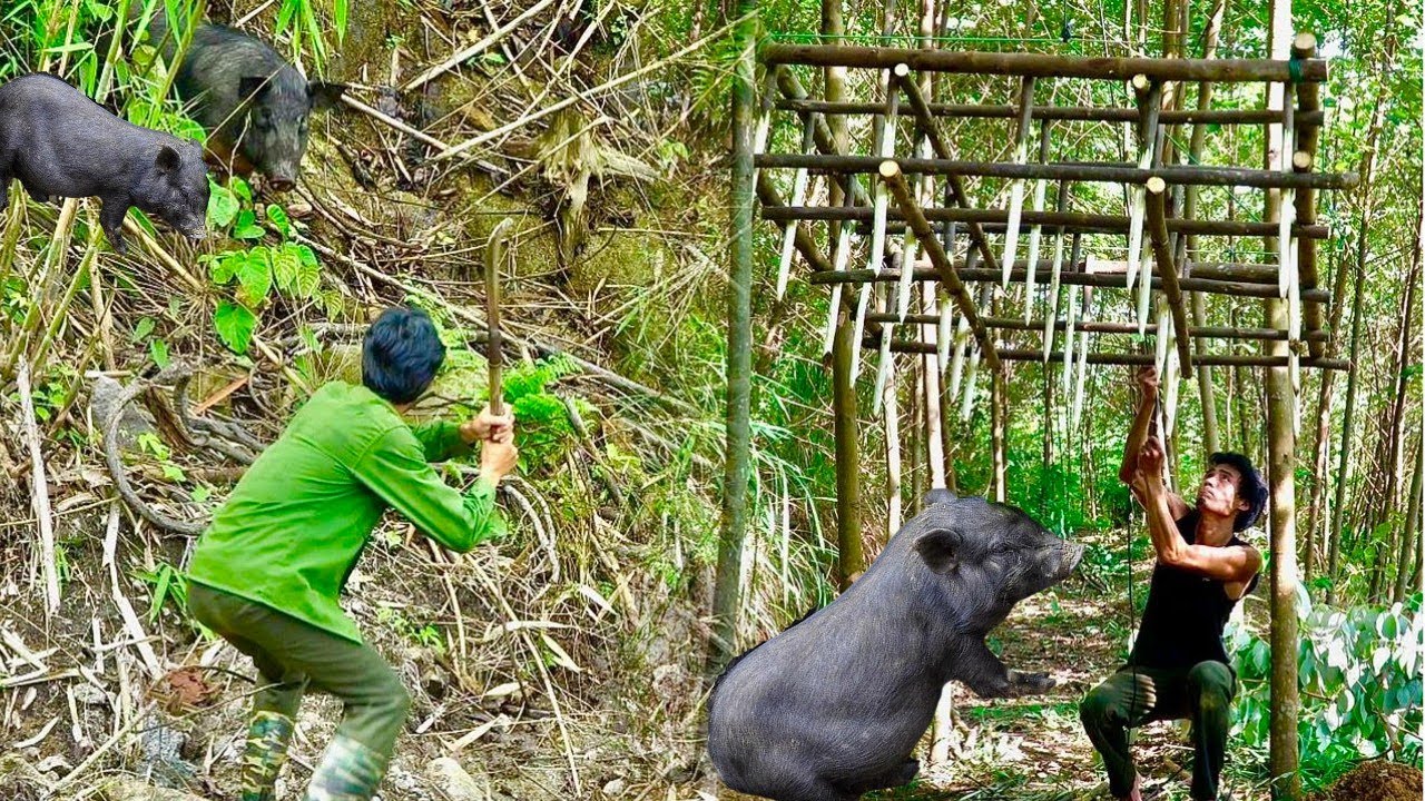Solo bushcraft,dig a secret hole and set a trap for wild boar,the ...