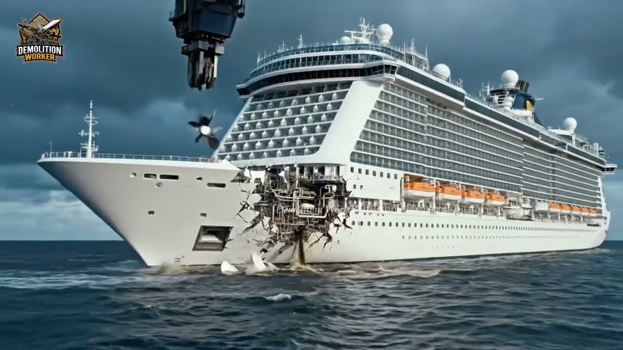 Demolition Worker heavy machinery ensures safe cruise ship dismantling ✅