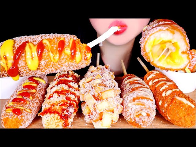 ASMR MOZZARELLA CHEESY CORN DOGS Mukbang CRUNCHY Eating sounds