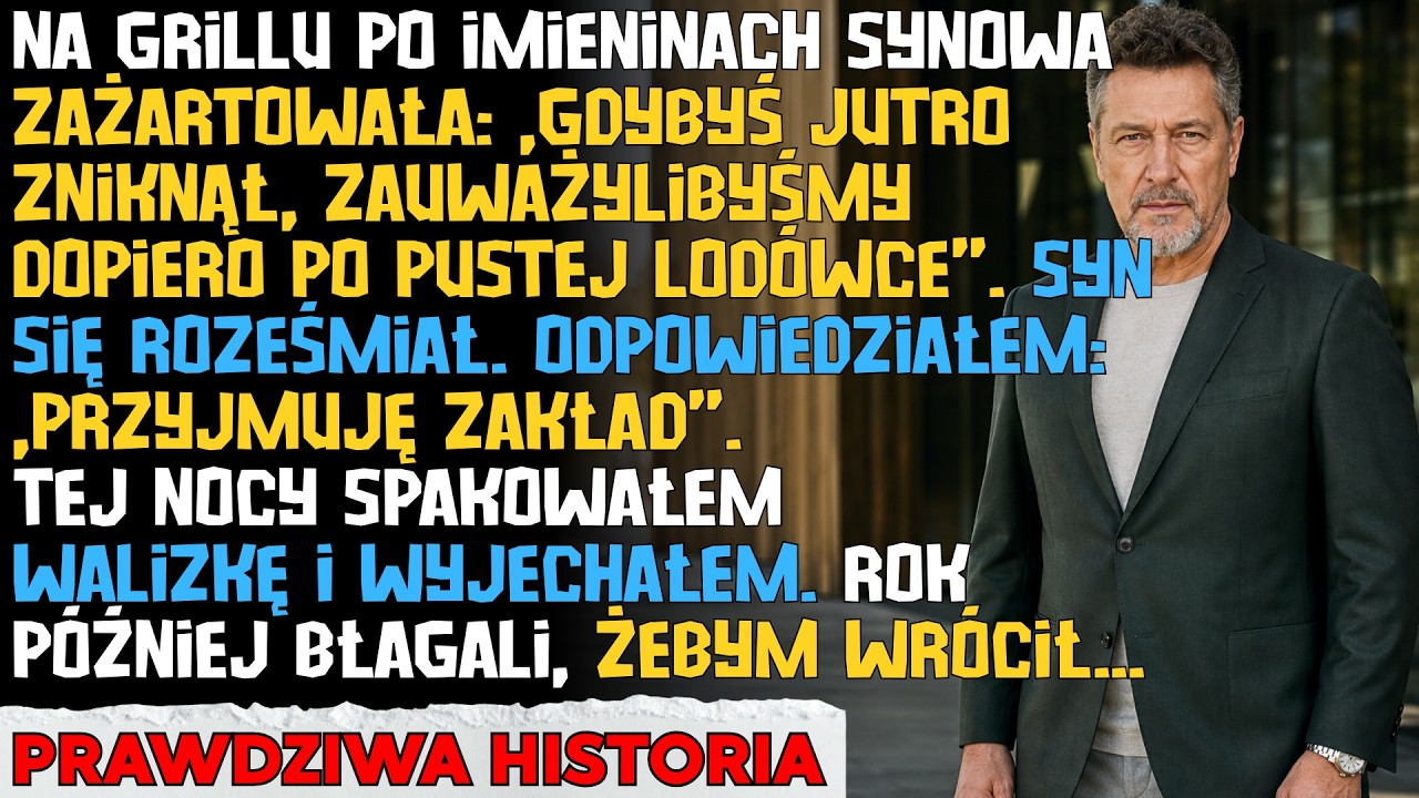 Rok temu moja synowa powiedziała przy wszystkich, że gdybym zniknął, zauważyliby to dopiero po pustej lodówce. Mój syn się zaśmiał. Tej nocy spakowałem jedną walizkę i wyszedłem z domu, który...