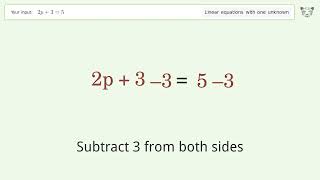 Linear equation with one unknown: Solve 2p+3=5 step-by-step solution
