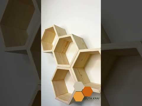 Полиця навісна дерев'яна відкрита відкрита сота 920 мм завширшки Книжкові полиці з натурального дерева на 5 комірок, видео 1