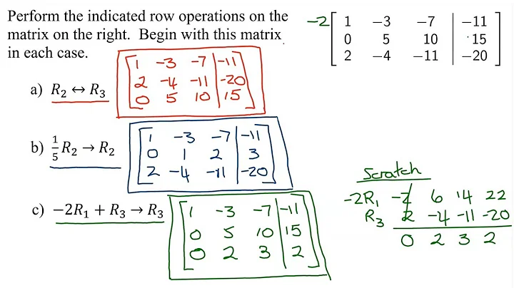 Perform Row Operations on 3x4 Augmented Matrix (a) Row Swap (b) Multiply Row by 1/5 (c) -2*Row1+Row3