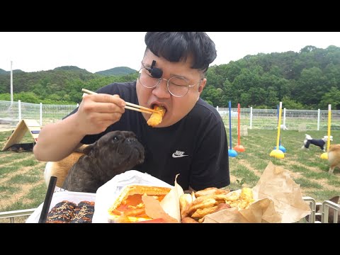 강아지 <strong>유치원에서</strong> 신적떡빡끼+튀우김+치즈김밥 먹방. mukbang