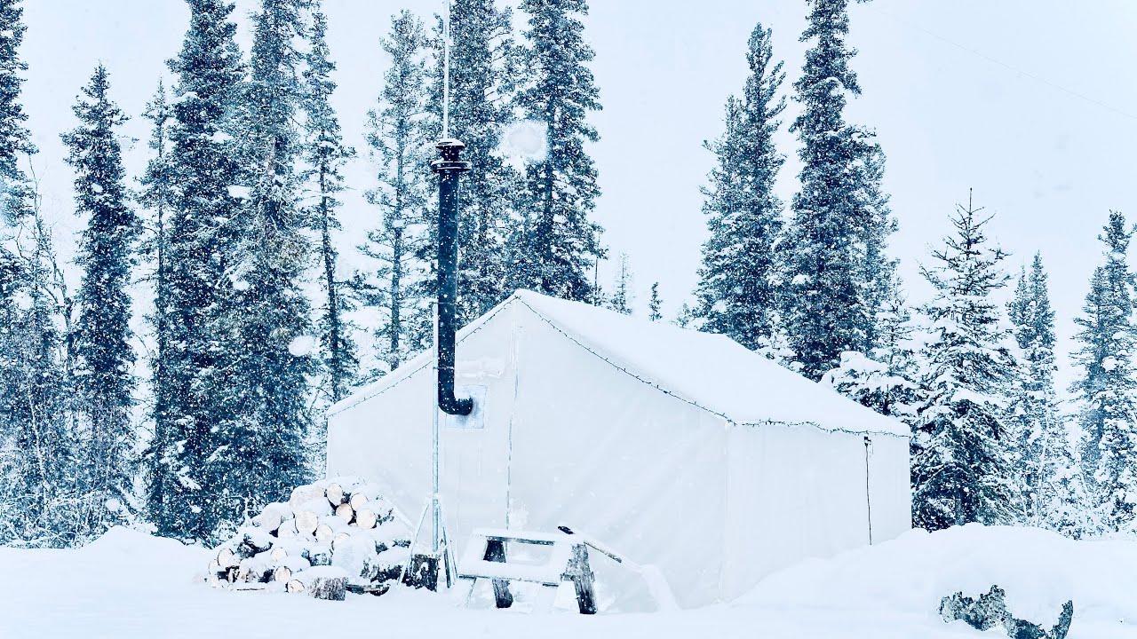 -34C WINTER CAMPING in a HOT TENT *HEAVY SNOW*