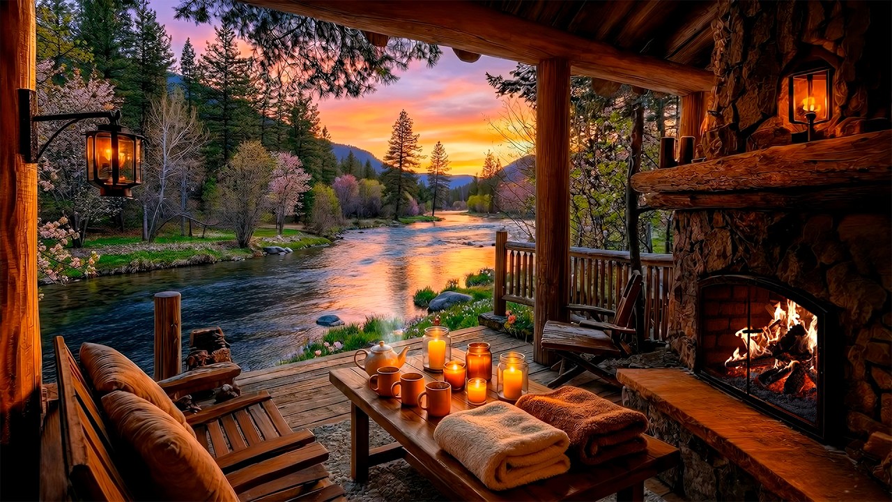Спокойное весеннее утро у камина на веранде домика на берегу реки под звуки природы